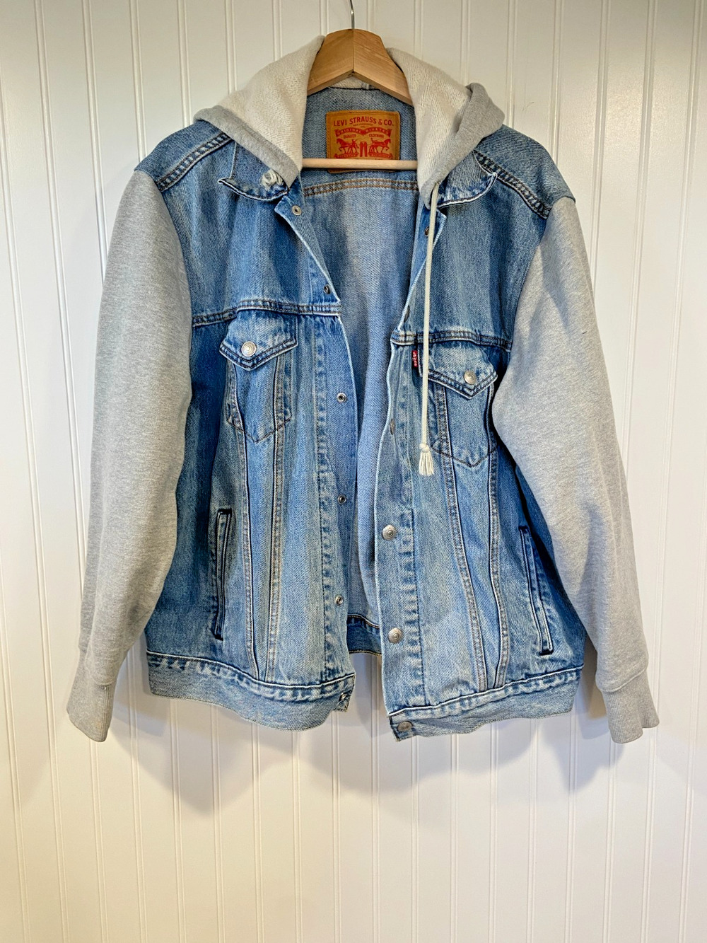 Levis Trucker Jean Jacket Womens Large Hybrid Hoodie Layered Button Denim y2k